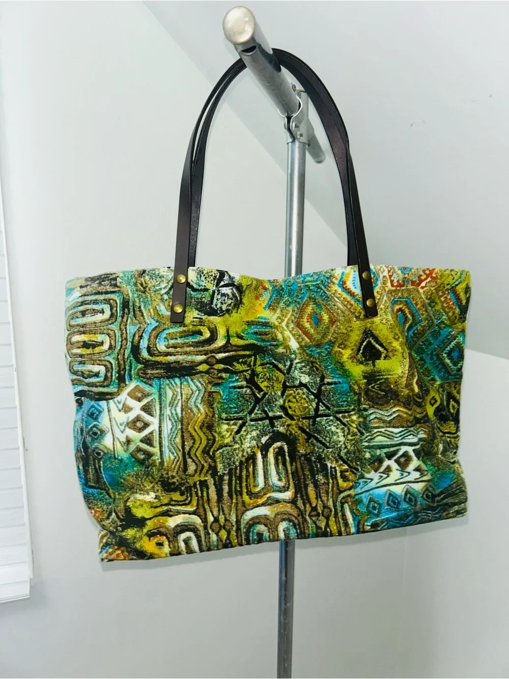 Chicos Fabric Bag Blue Green Art Geometric